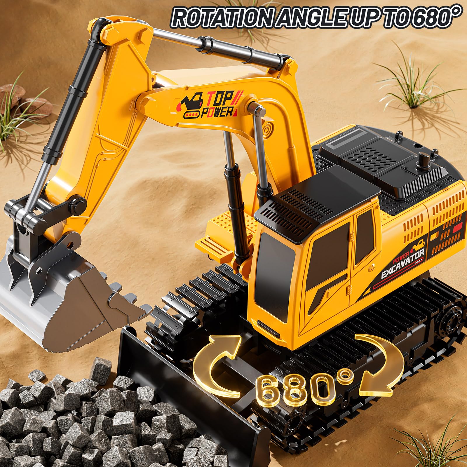 Child playing outdoors with XINNOVEL RC excavator