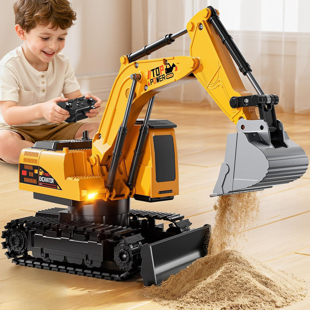 XINNOVEL RC excavator close-up highlighting lights and sounds for immersive play