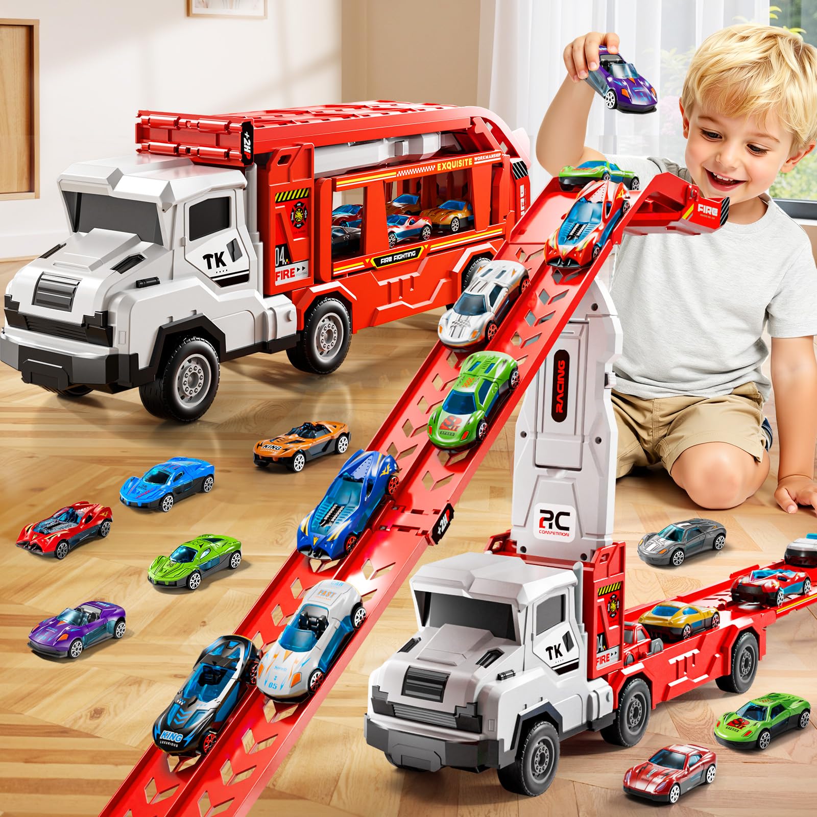 XINNOVEL transporter truck with foldable track for on-the-go play and racing.