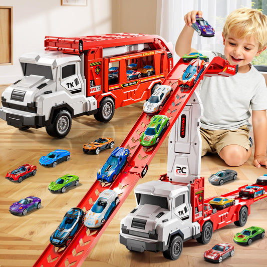 XINNOVEL transporter truck with foldable track for on-the-go play and racing.