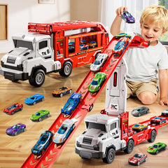 XINNOVEL transporter truck with foldable track for on-the-go play and racing.