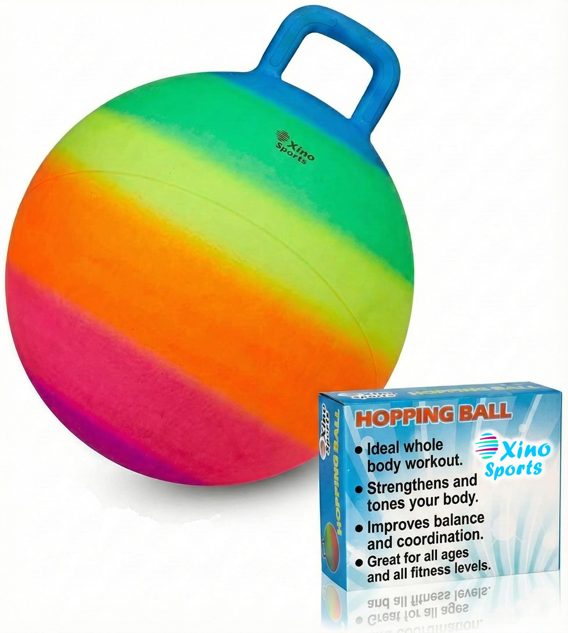 Xino Sports hopping ball rainbow handle for active indoor and outdoor play