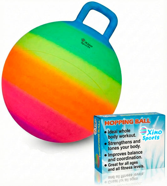 Xino Sports hopping ball rainbow handle for active indoor and outdoor play