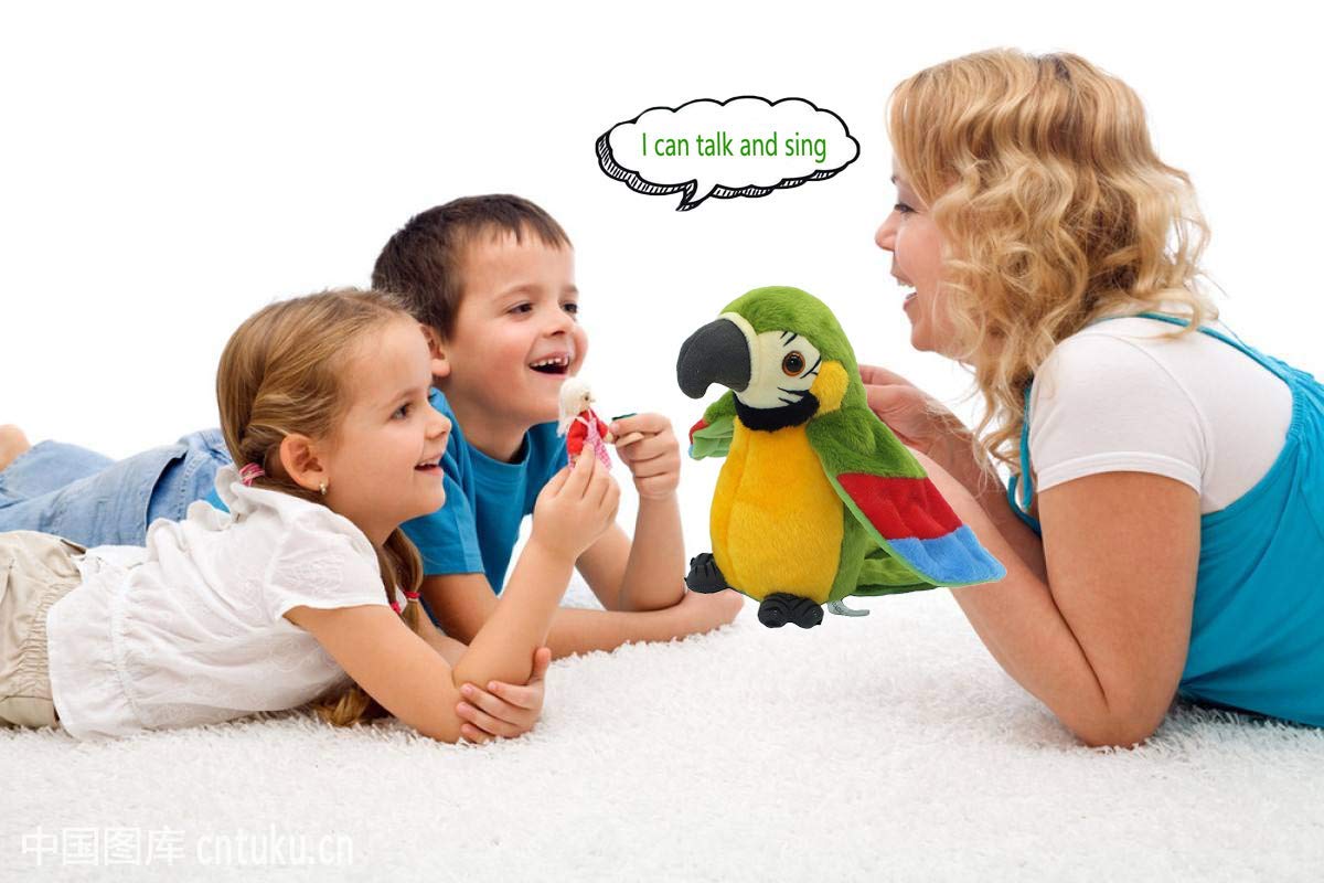 Xinrirong parrot toy sings and talks, boosting imagination.