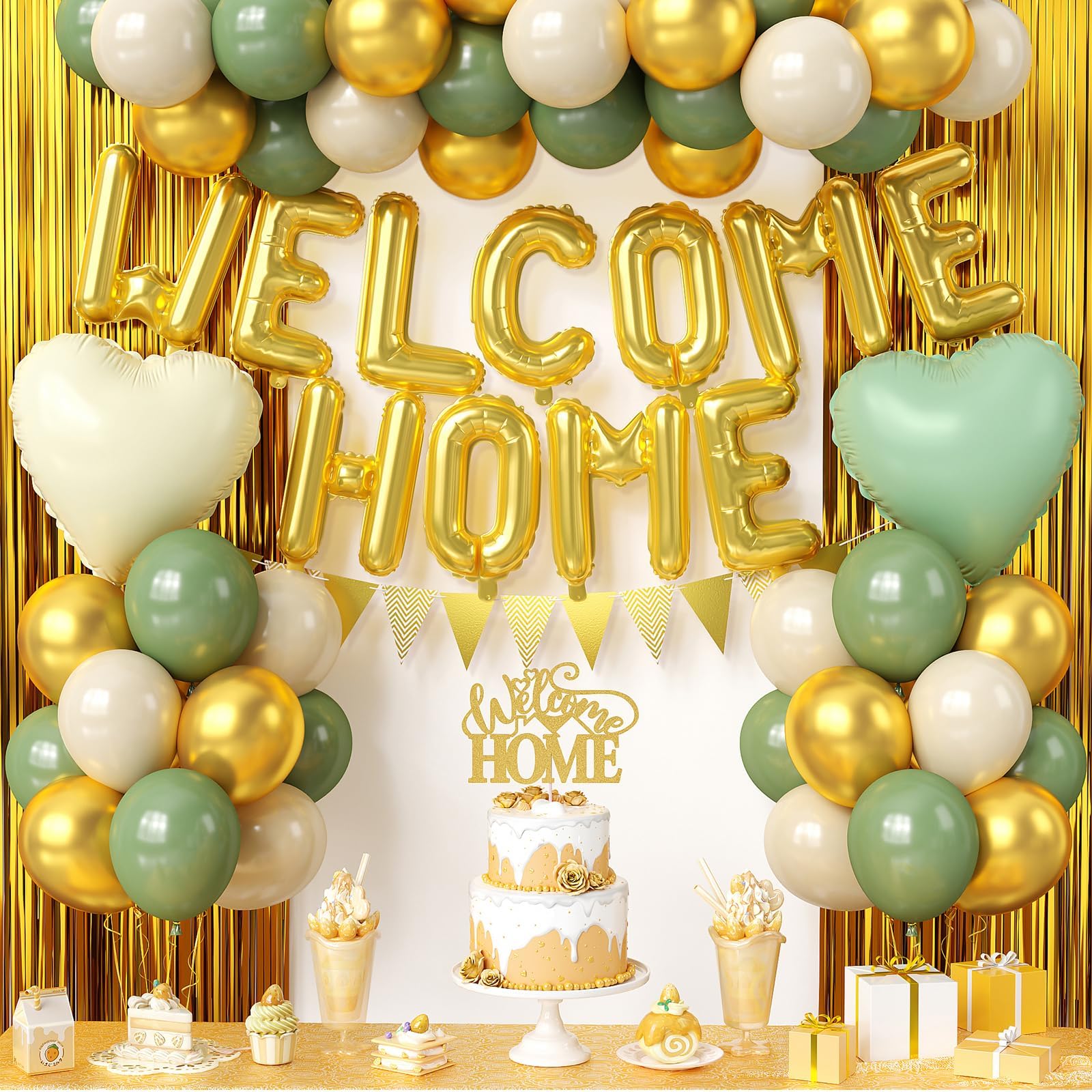 Xinvery welcome home banner in sage green and gold adds celebratory flair.