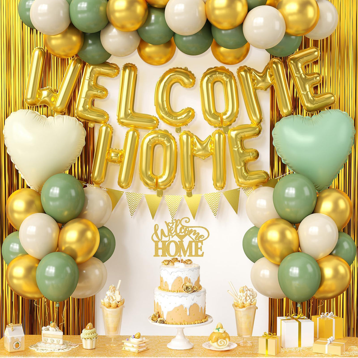 Xinvery welcome home banner in sage green and gold adds celebratory flair.