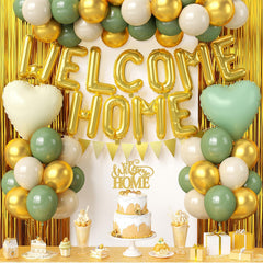 Xinvery welcome home banner in sage green and gold adds celebratory flair.