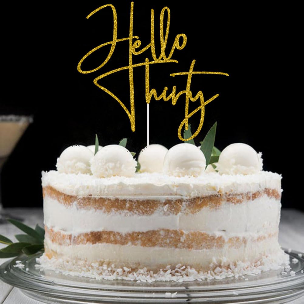 XIUHUBA Hello Thirty topper measures six inches wide and fits six-inch or larger cakes.