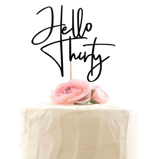 XIUHUBA Hello Thirty cake topper with black glitter for elegant 30th birthday photos.