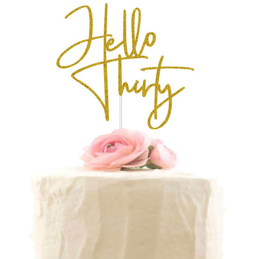 XIUHUBA Hello Thirty cake topper with gold glitter, ideal as a photo backdrop.