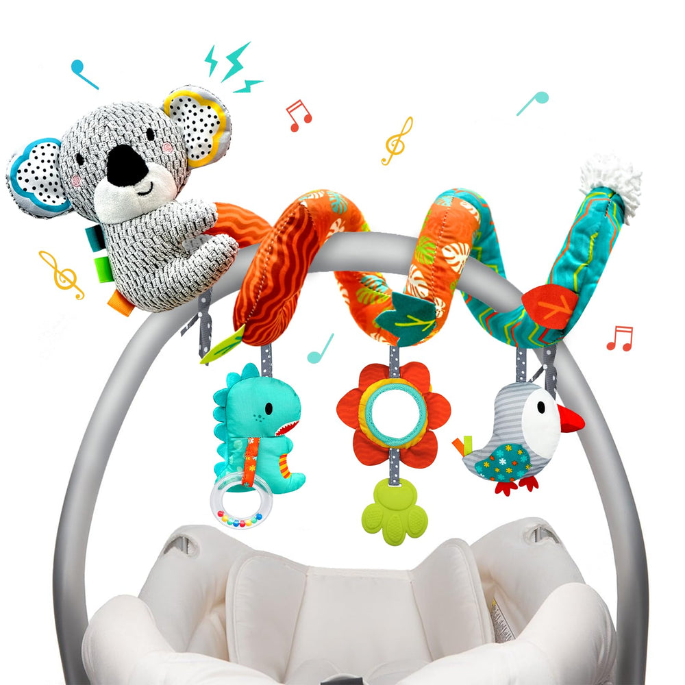 XIXILAND dinosaur car seat toy stimulates curiosity with a squeak and bright colors.