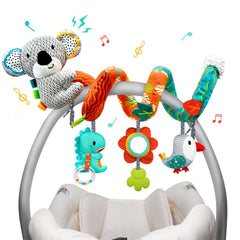 XIXILAND dinosaur car seat toy stimulates curiosity with a squeak and bright colors.