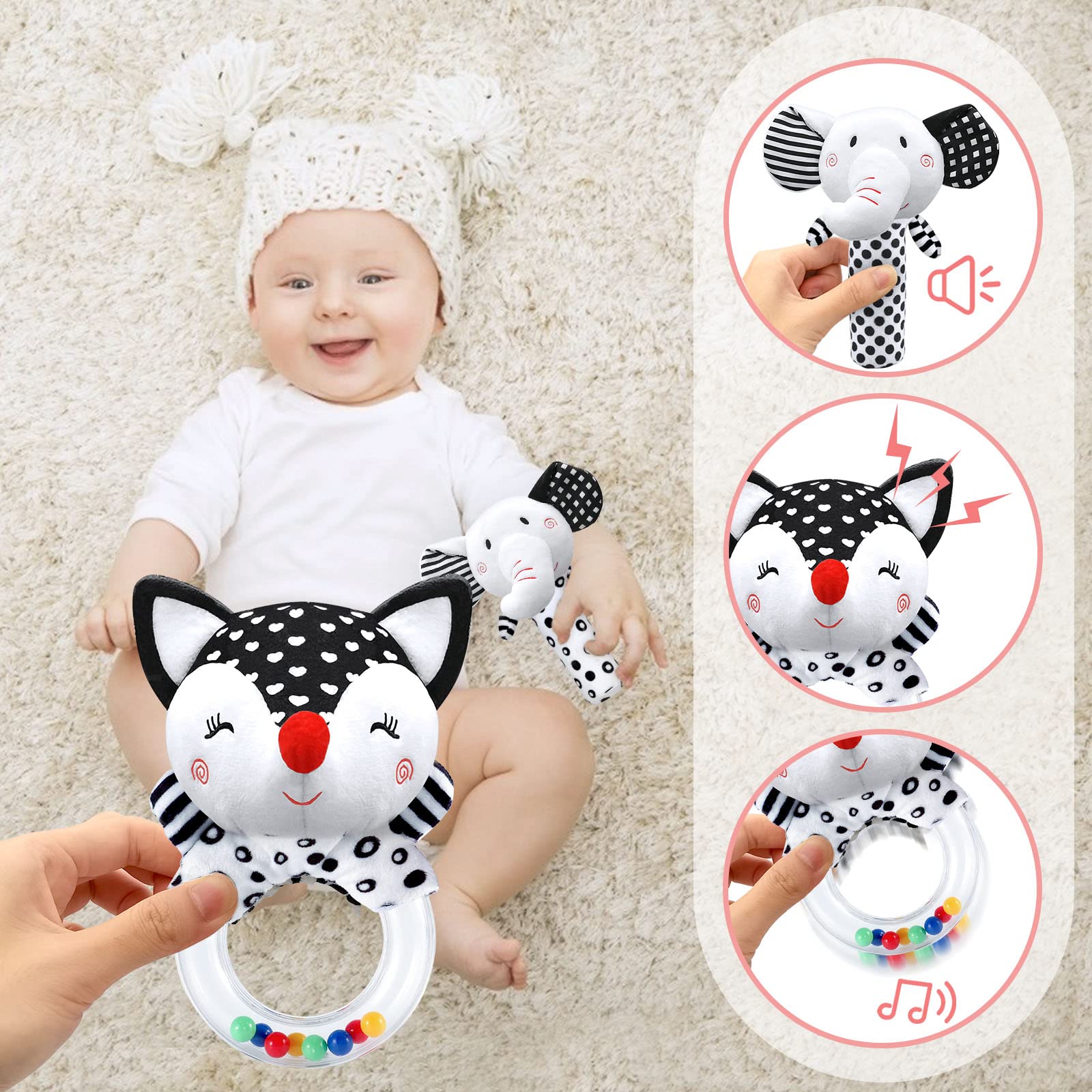 XIXILAND elephant rattle with squeak aids infant auditory engagement.
