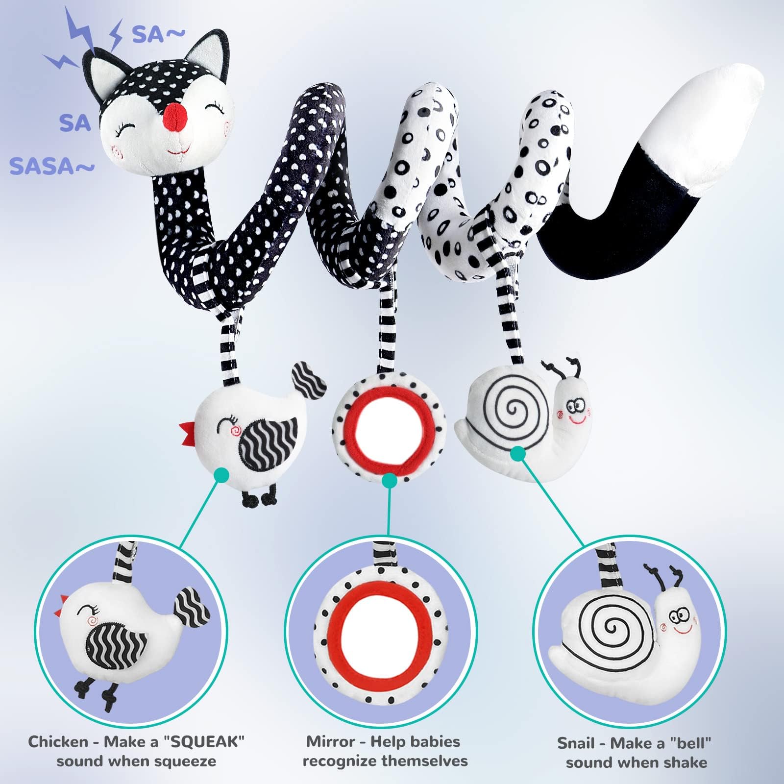 XIXILAND high-contrast baby toy for car seats grabs attention during stroller walks.