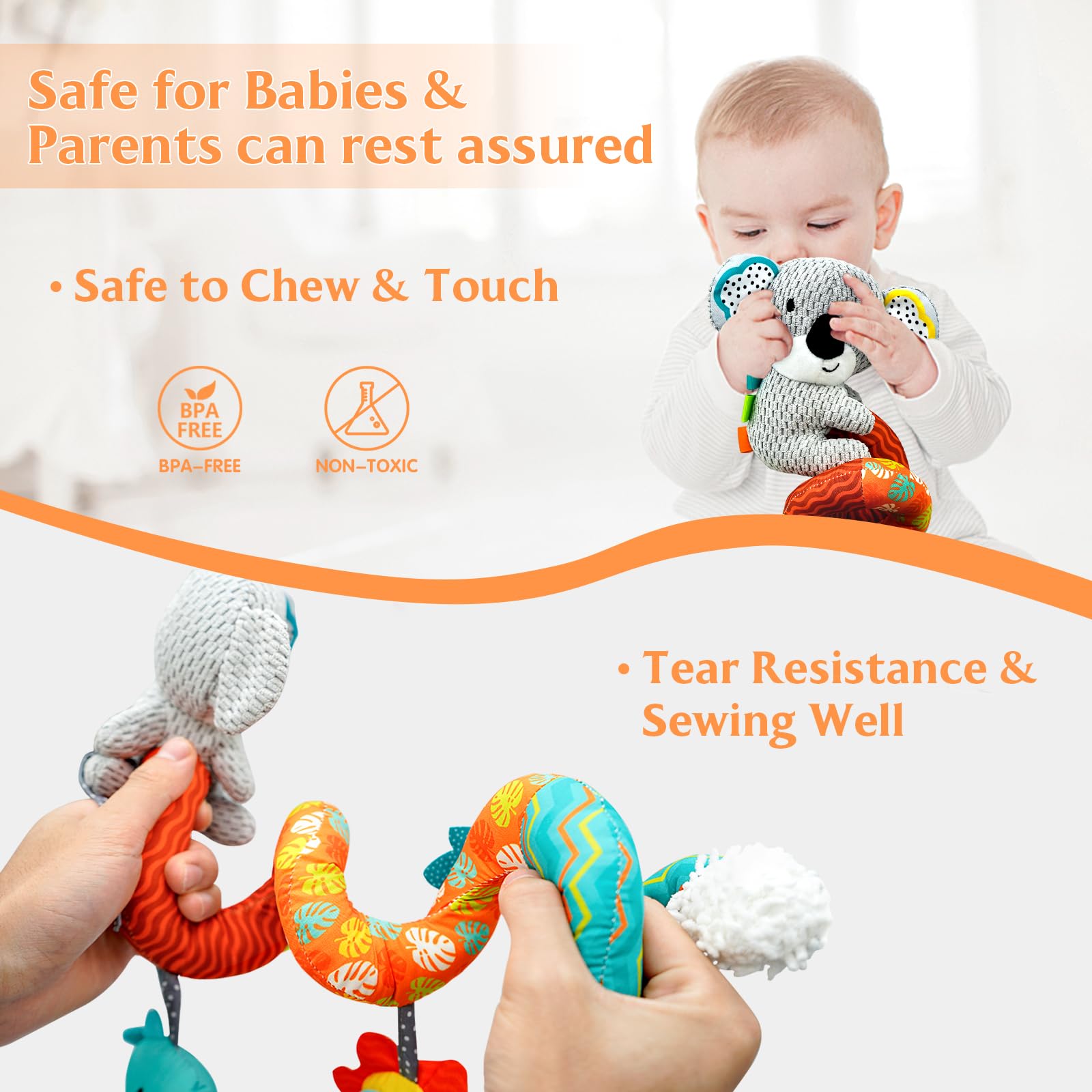 XIXILAND spiral wrap-around handle toy attaches to strollers easily.