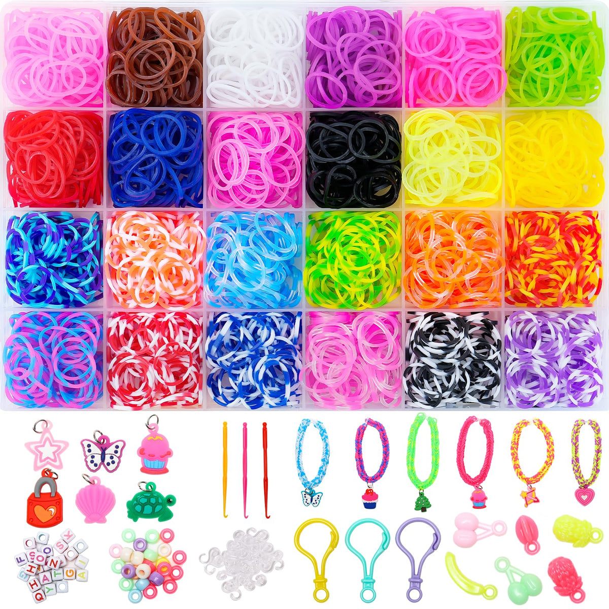 XKDOUS 24-color rubber band kit full set showcases vibrant options for kids' bracelets