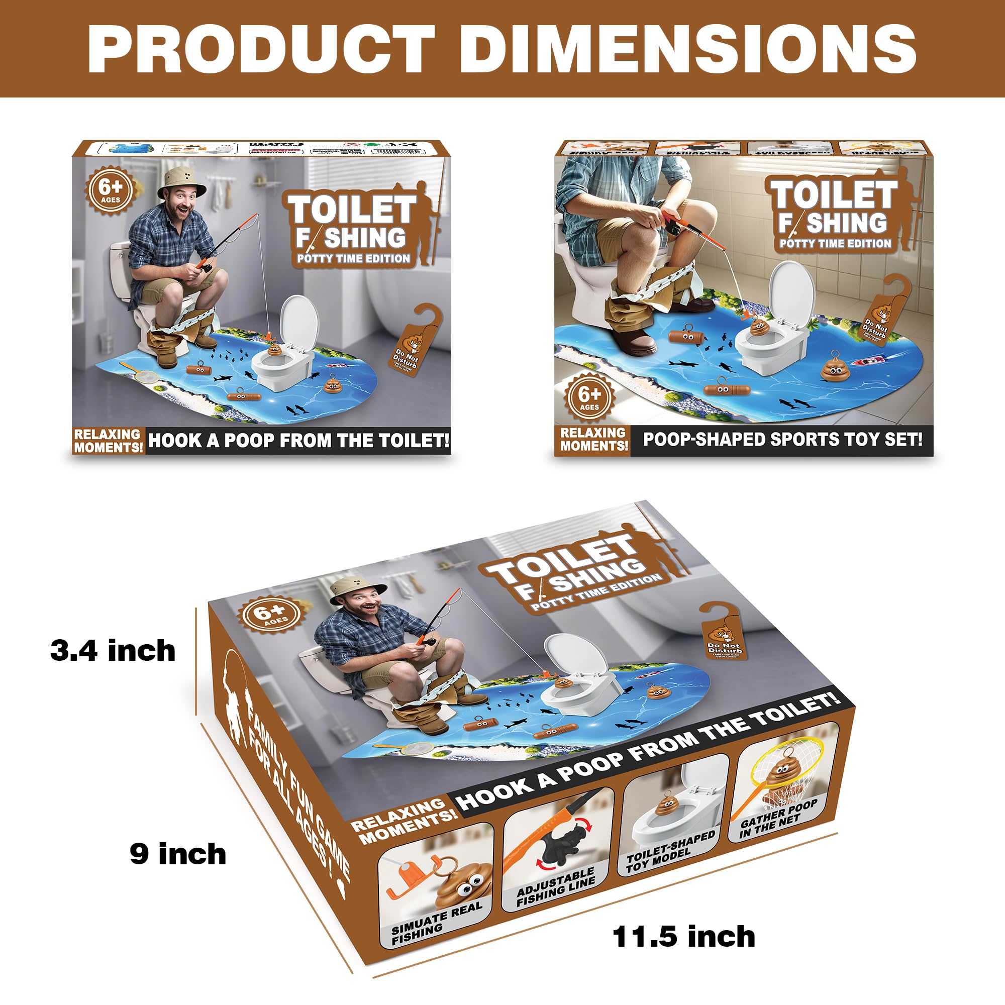 XLDLQU Toilet Fishing Prank Box dimensions showing medium gift fit