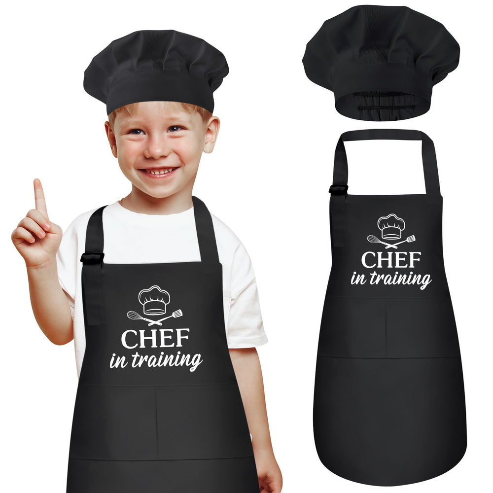 XLSXEXCL kids apron and chef hat set in black for cooking practice