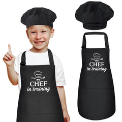 XLSXEXCL kids apron and chef hat set in black for cooking practice