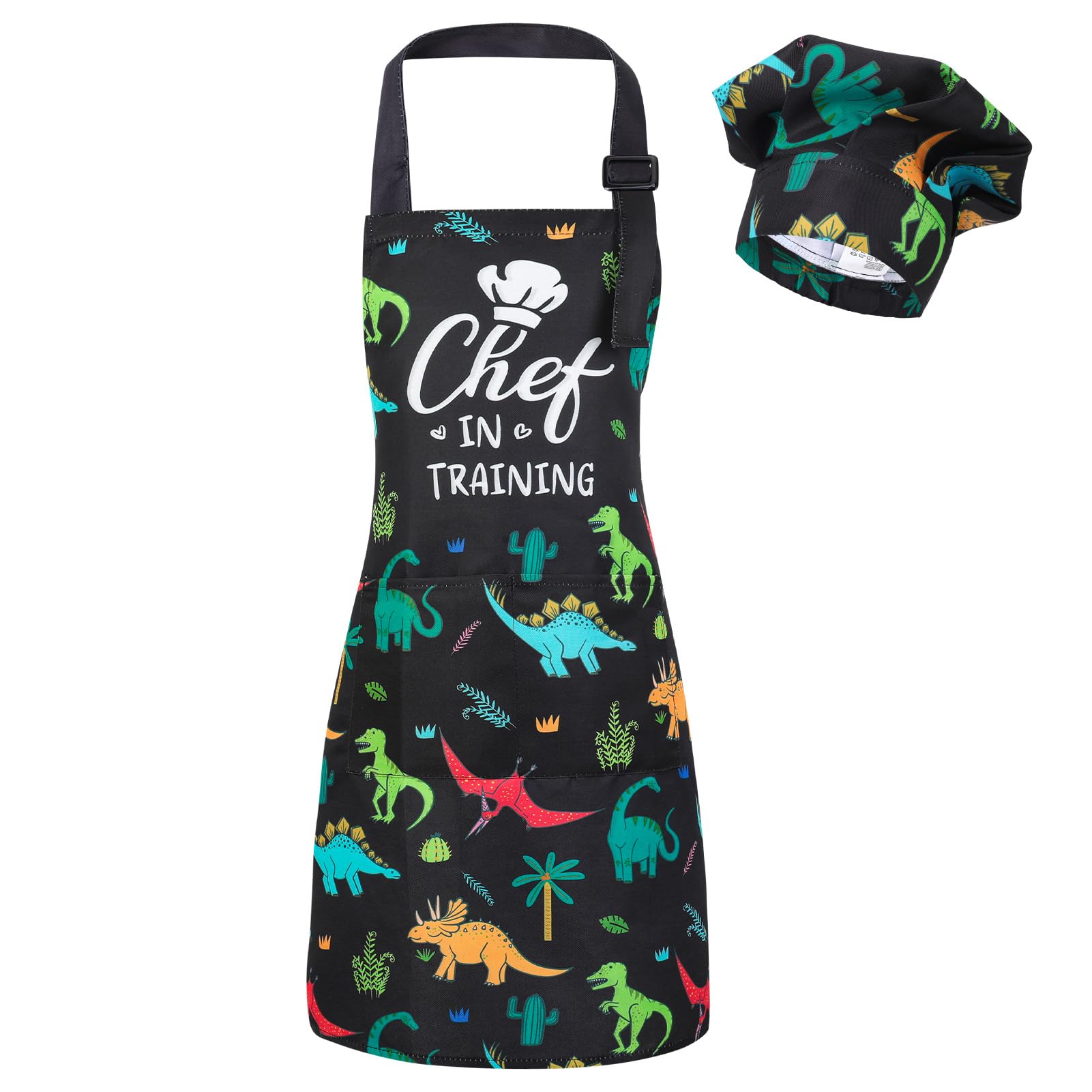 XLSXEXCL kids apron with dinosaur pattern and two pockets for easy play cooking.