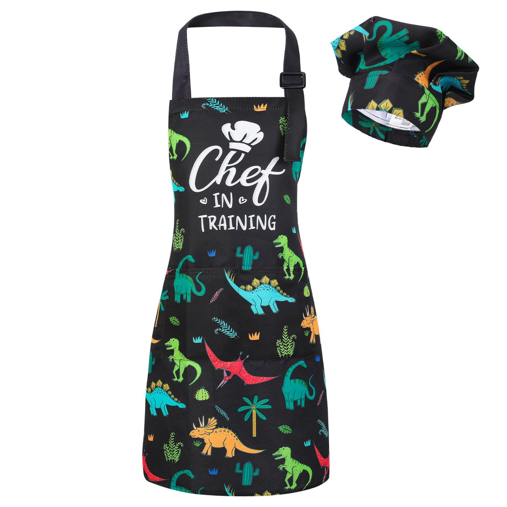 XLSXEXCL kids apron with dinosaur pattern and two pockets for easy play cooking.