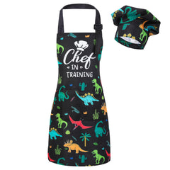 XLSXEXCL kids apron with dinosaur pattern and two pockets for easy play cooking.