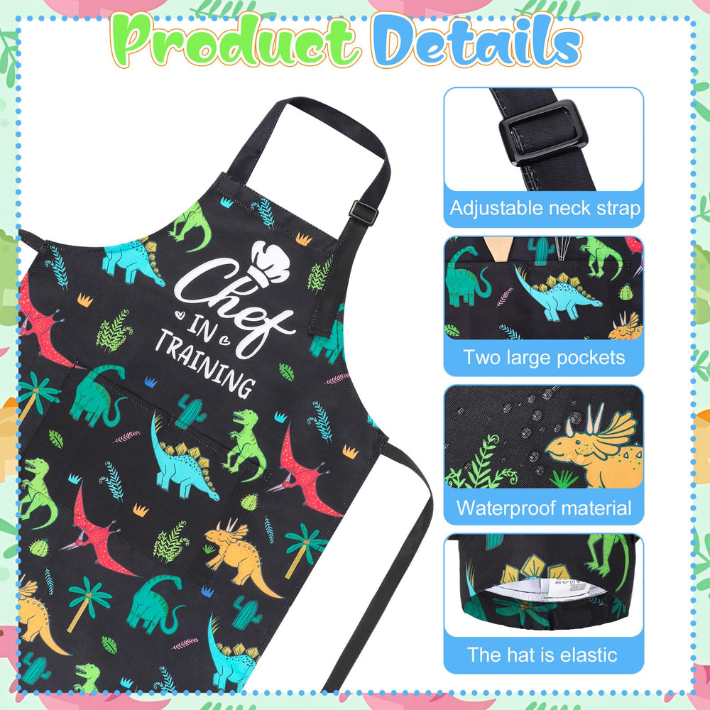 XLSXEXCL dinosaur-pattern apron with two deep pockets keeps small items handy.