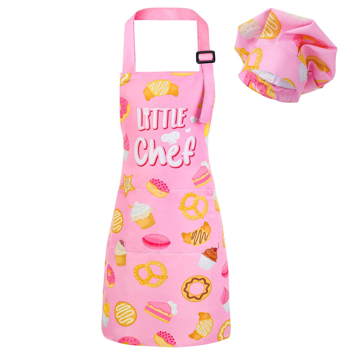 XLSXEXCL Little Chef pink apron with two pockets, ideal for kids' cooking activities