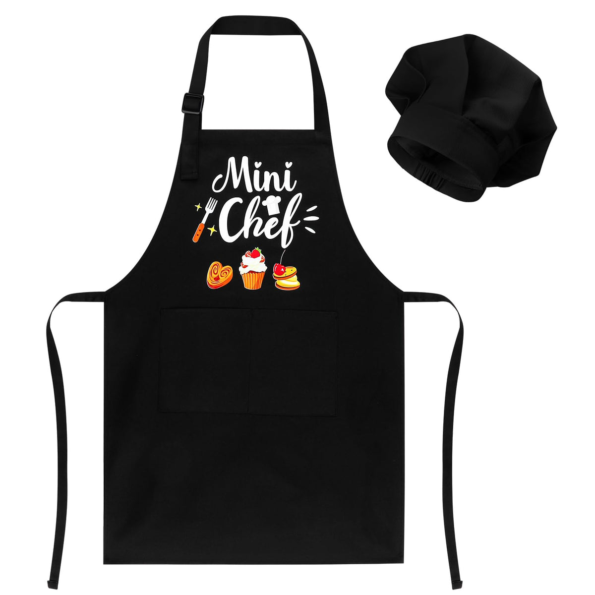 XLSXEXCL Mini Chef apron in black with deep pockets for kids cooking.