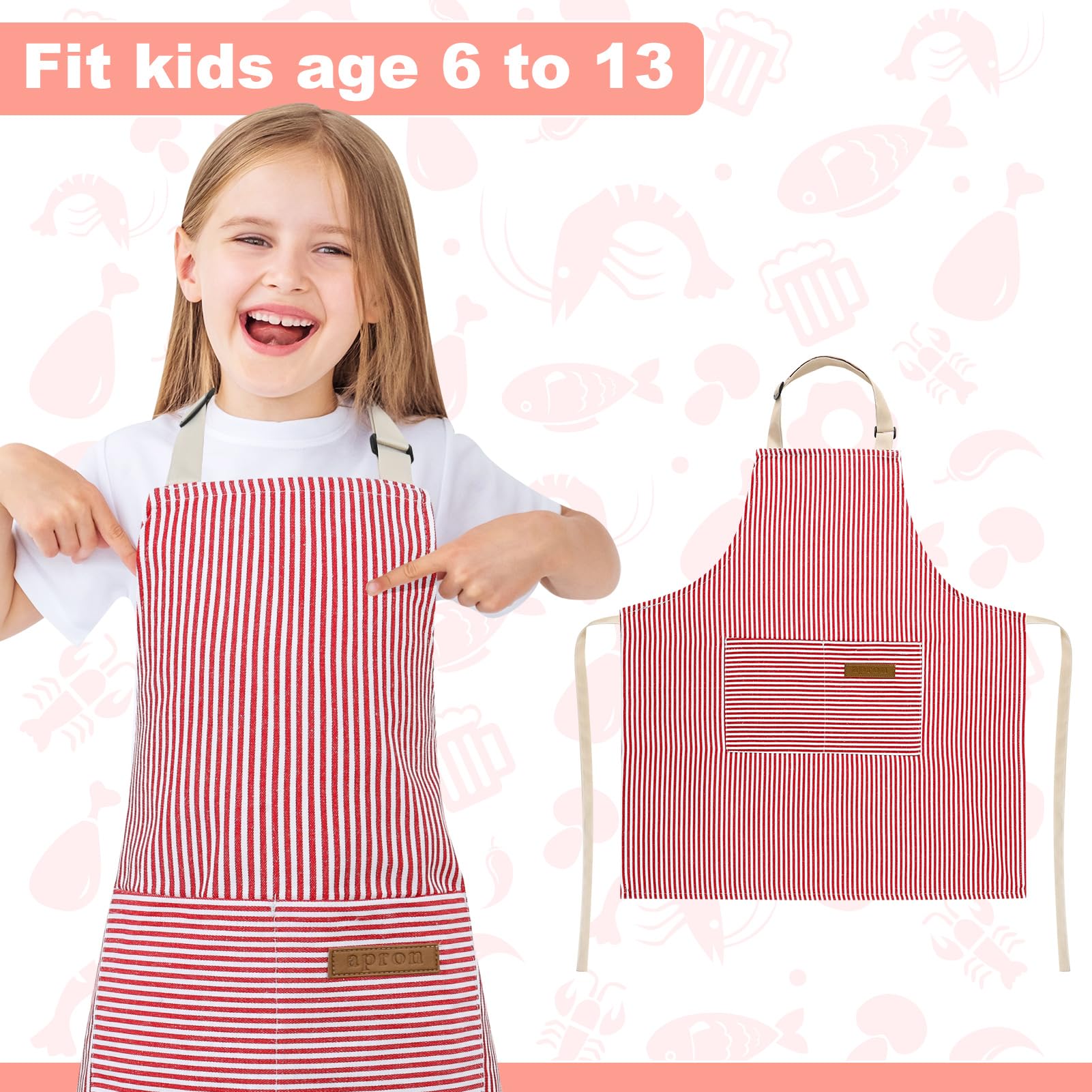 XLSXEXCL stripes kids apron pink adjustable waist ties for growing kids