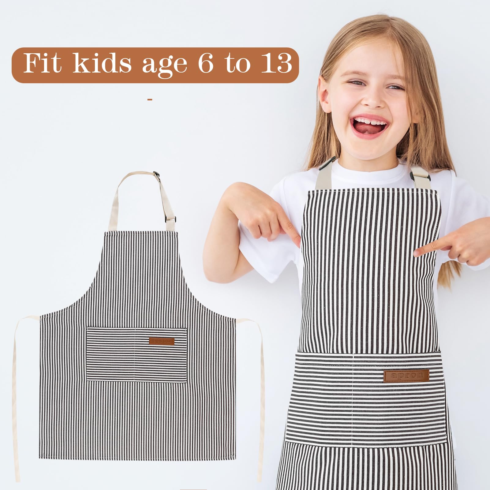 XLSXEXCL Stripes Kids Apron shows size 45 x 48 cm with 58 cm waist ties