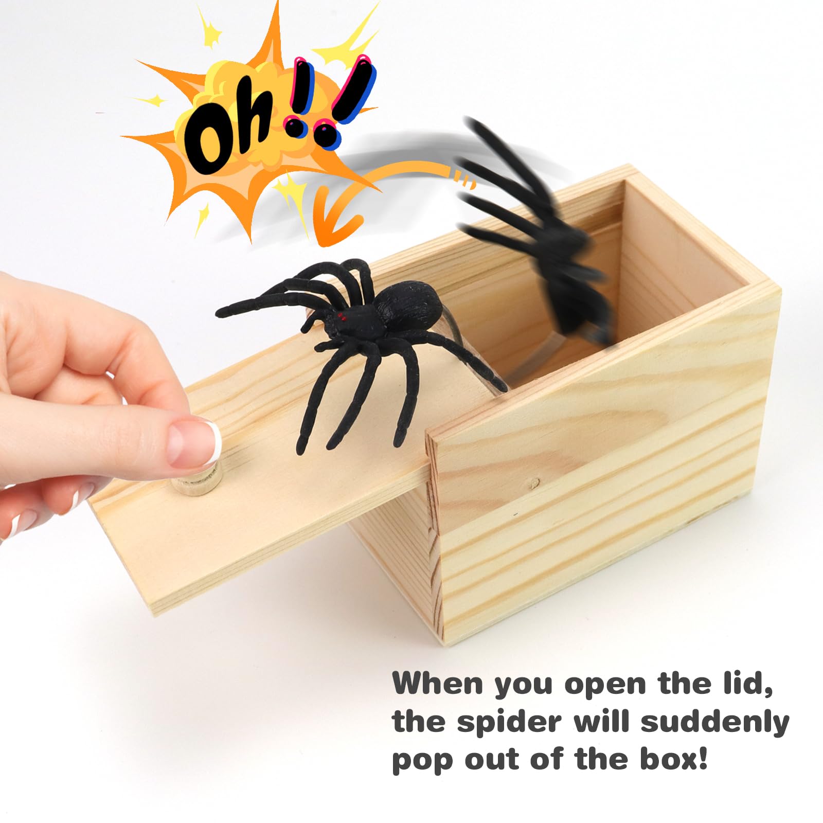 Xmoyaas wooden spider prank box hidden spider image emphasizes playful mischief and soft craftsmanship.