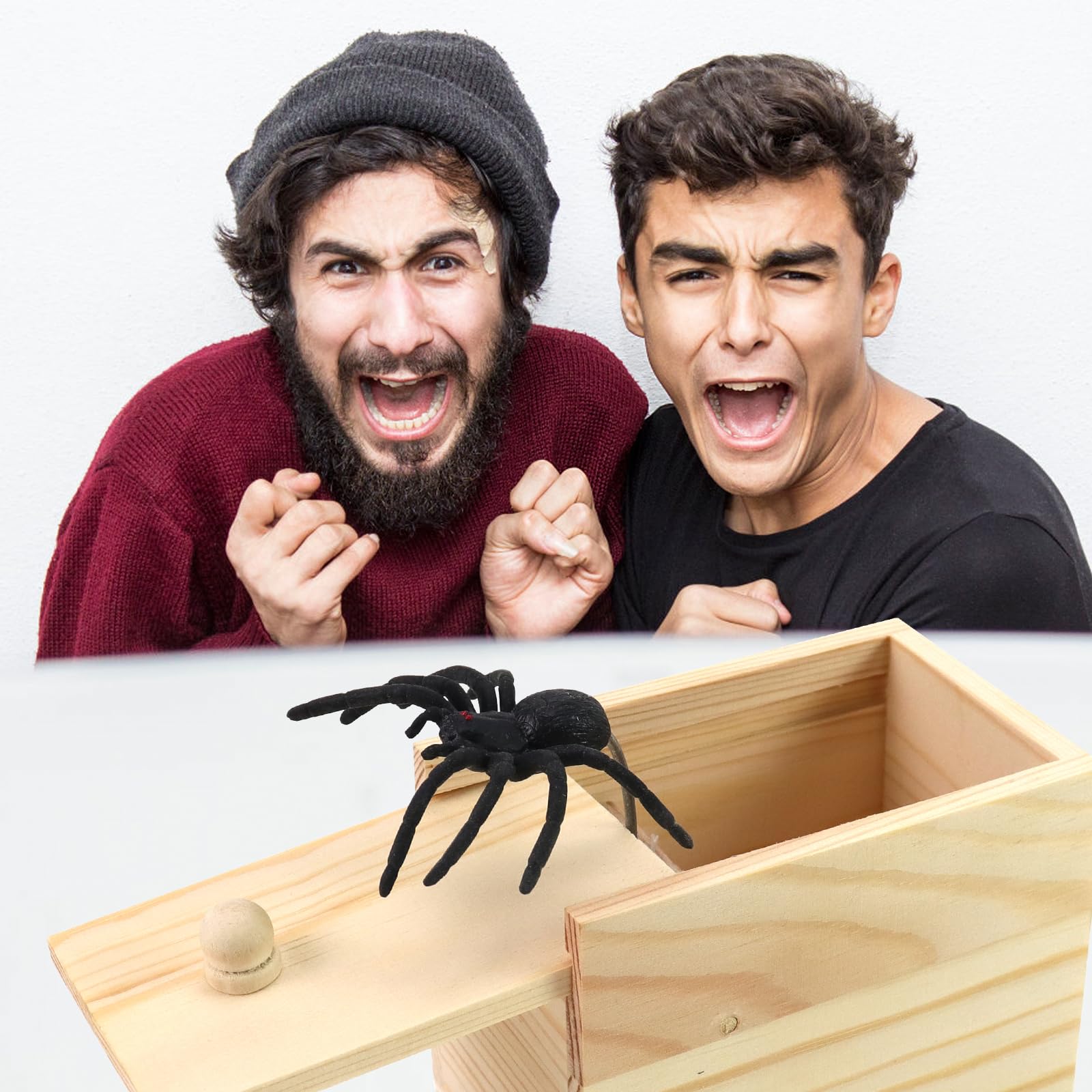 Xmoyaas wooden spider prank box ring reveal image conveys surprise accessory and gifting potential.