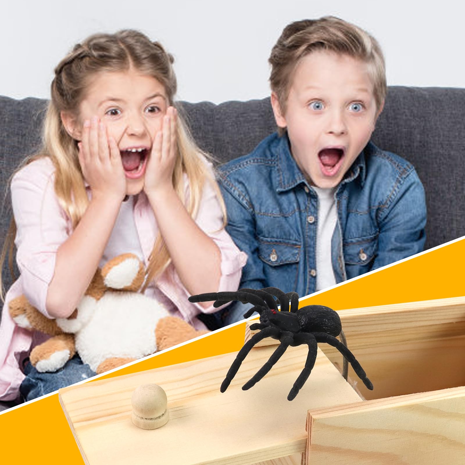 Xmoyaas wooden spider prank box wood texture close-up highlights natural grains and premium finish.