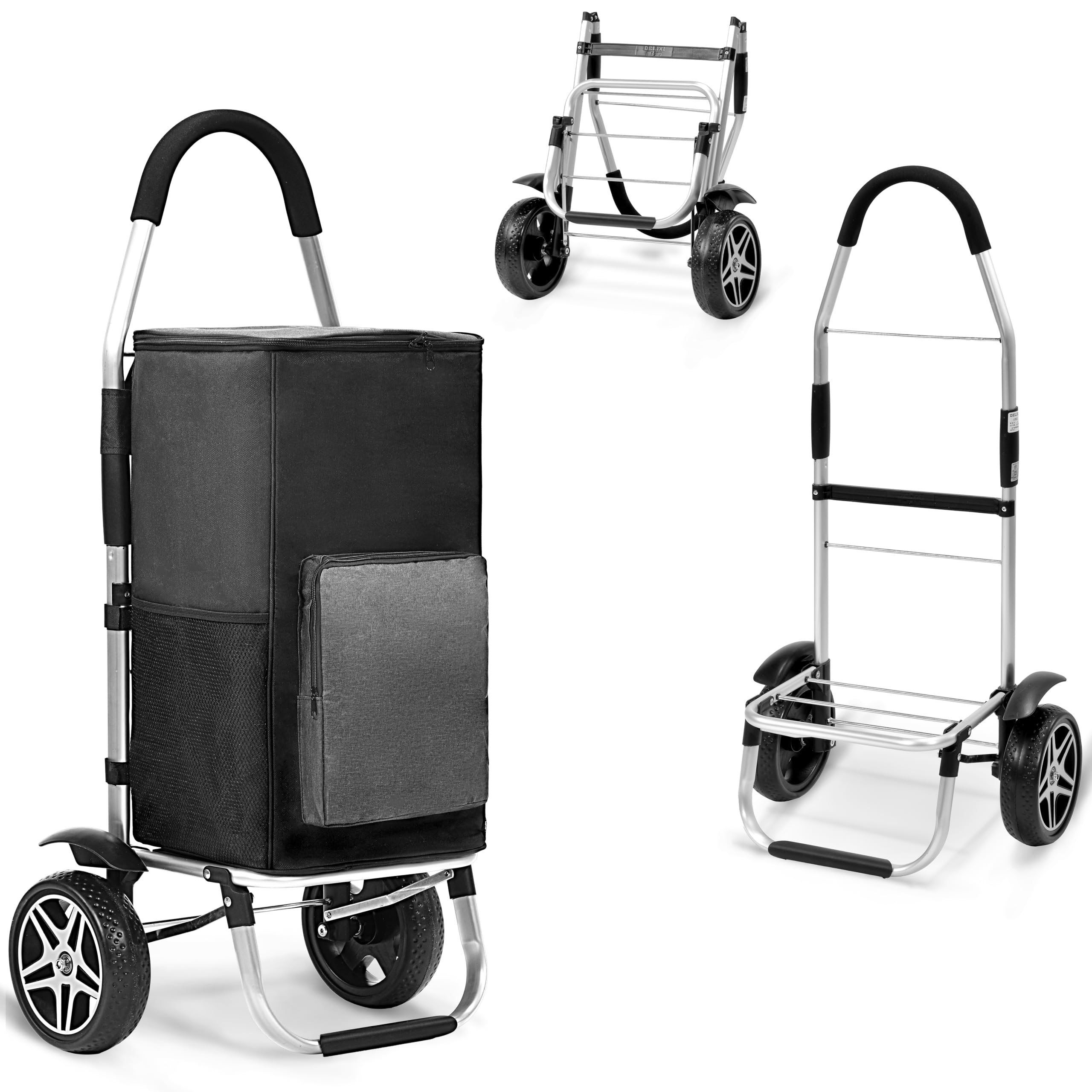 XMT 2-in-1 foldable cart front view shows sturdy frame and large basket for groceries and cargo.