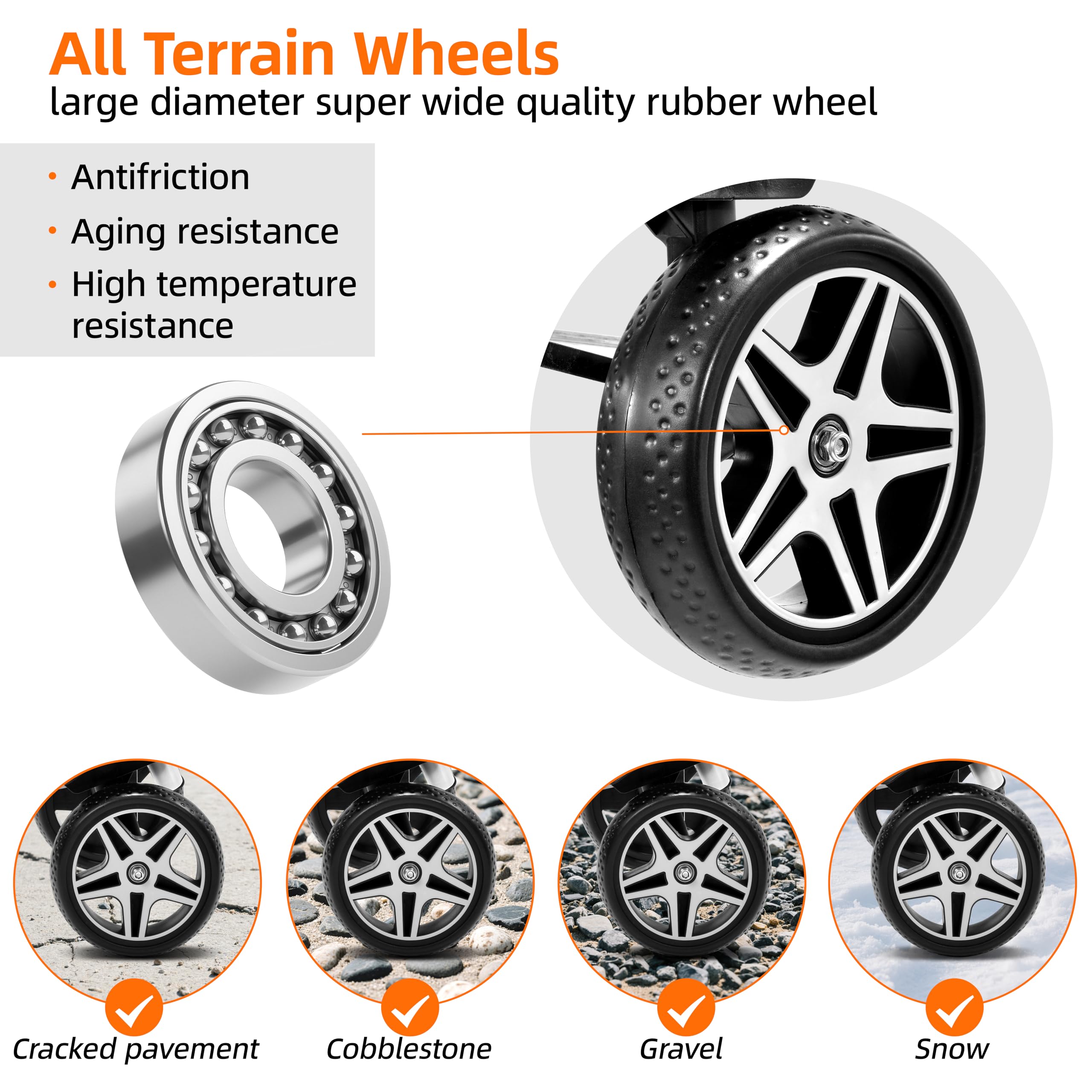 XMT all-terrain wheels with brake enable smooth use on grass and pavement.
