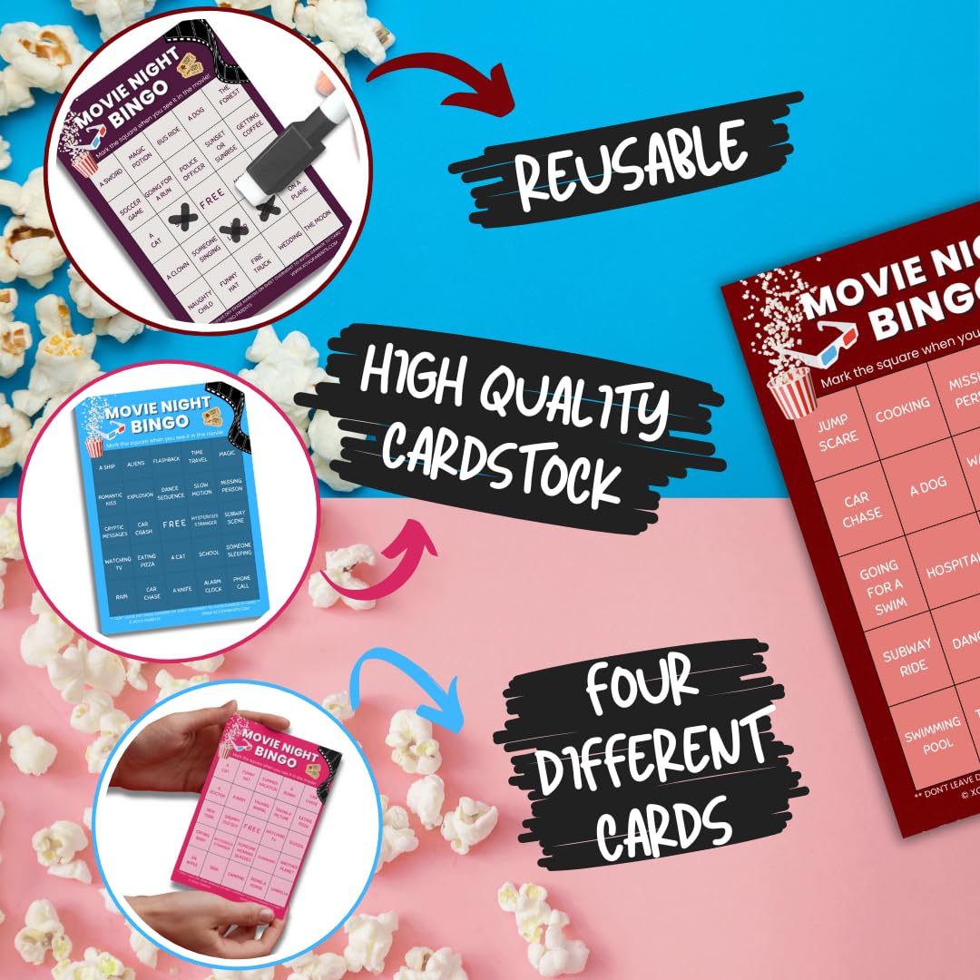 XOXO Parents blockbuster-themed bingo cards spark laughs during group movie marathons.