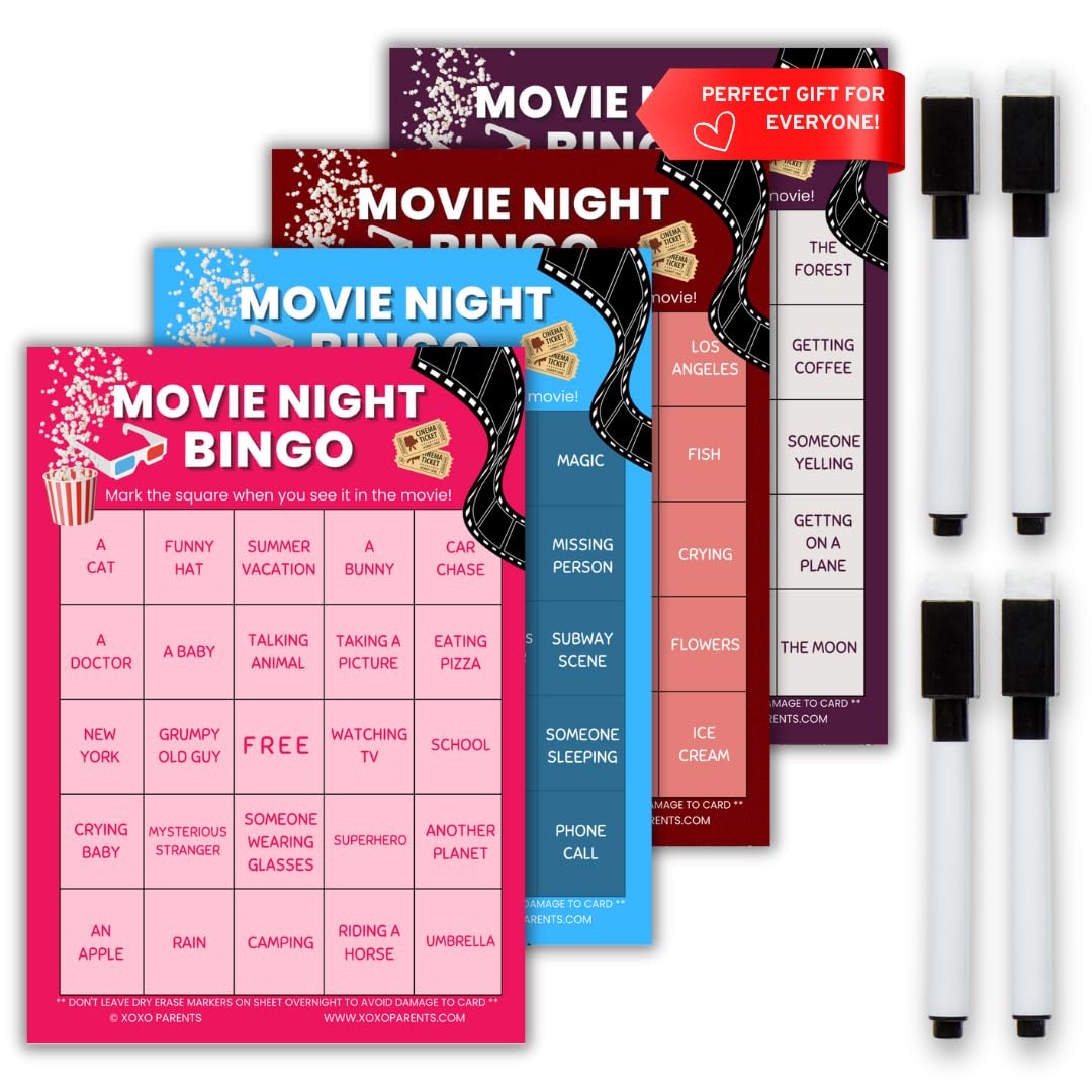 XOXO Parents Movie Night Bingo Cards 4-pack for family fun and interactive film viewing.