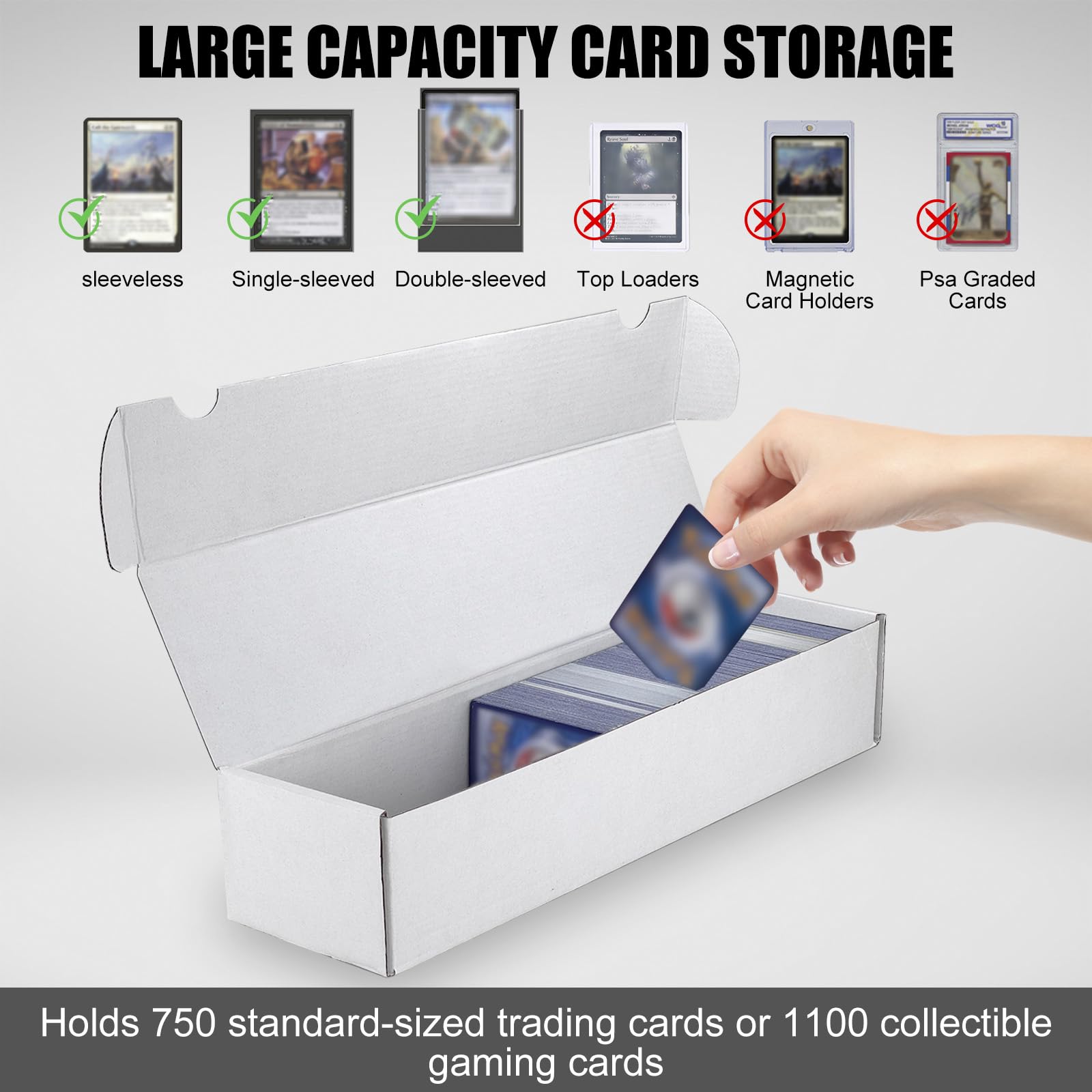 XRACV trading card box exterior dimensions show compact length for stacking.