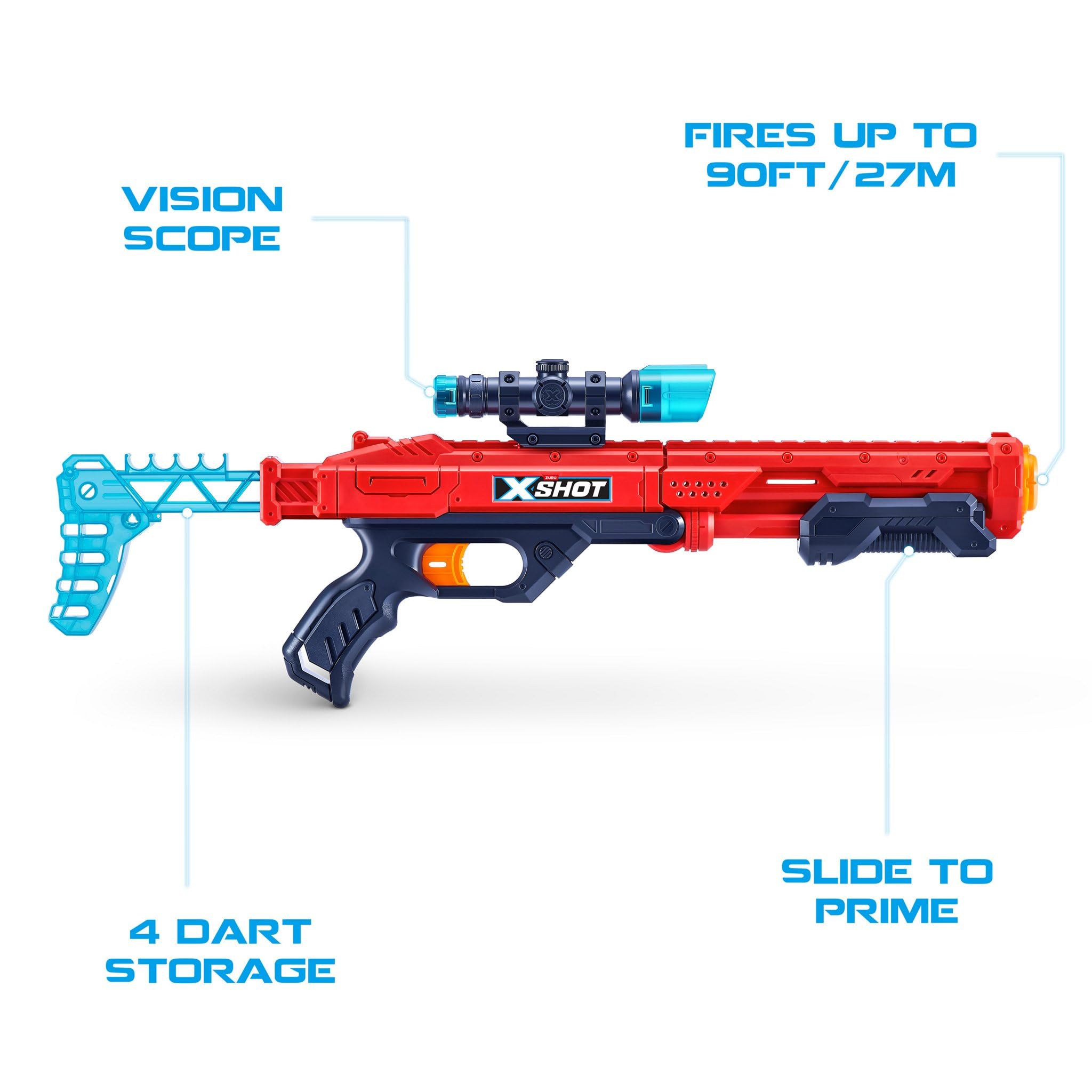XSHOT Hawk Eye blaster red foam darts close-up and safety design