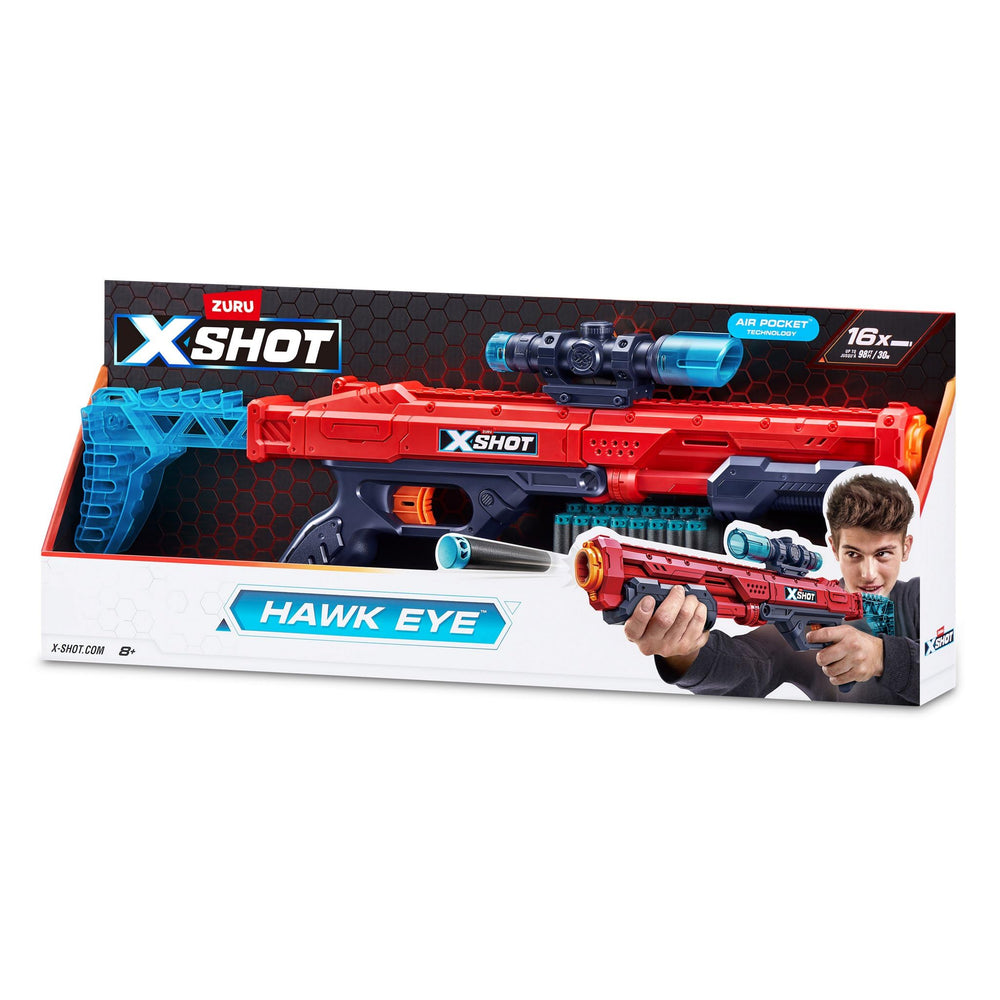 XSHOT Hawk Eye blaster red outdoors during an action-packed battle