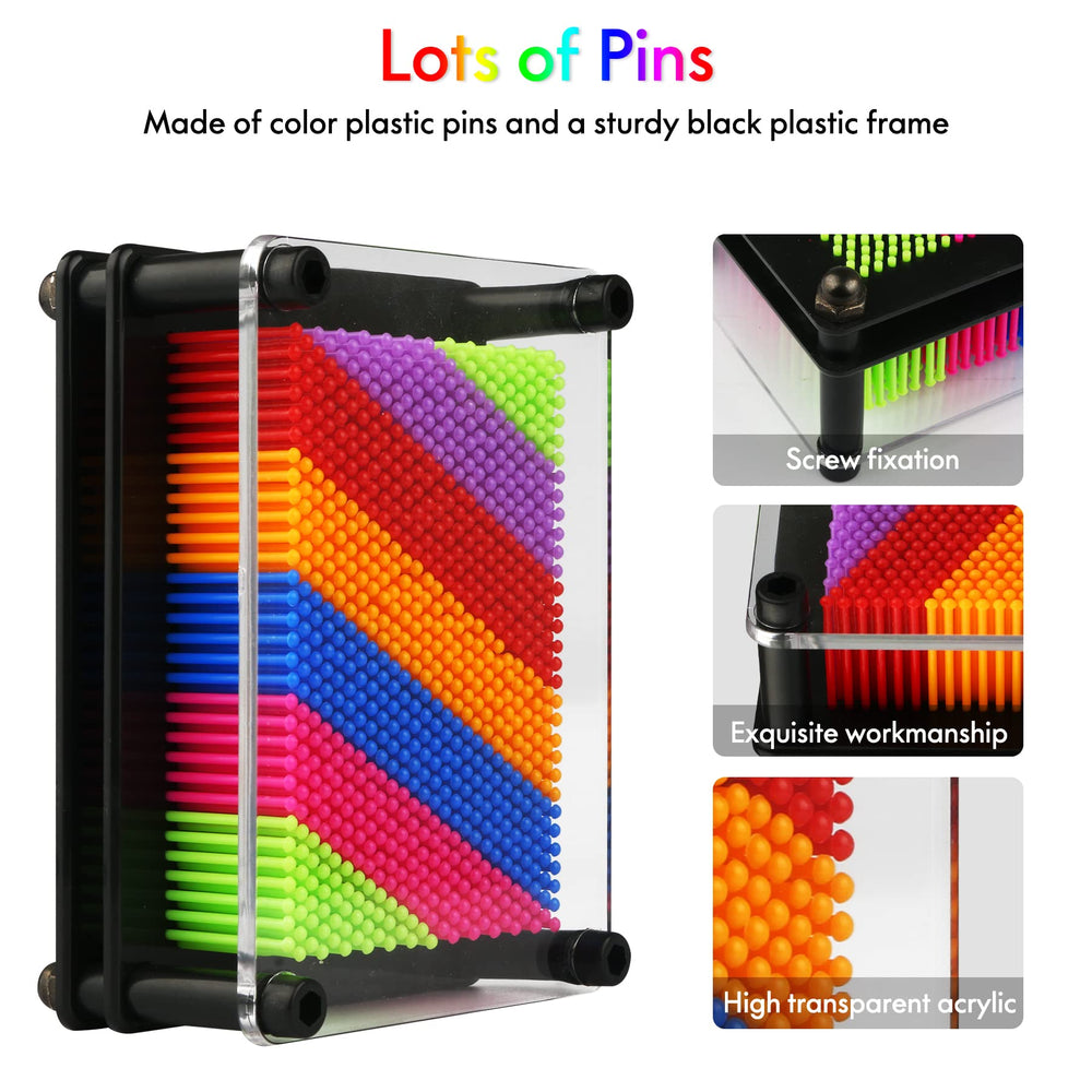 Xsltkby 3D Pin Art Toy side view shows frame and pins in rainbow colors