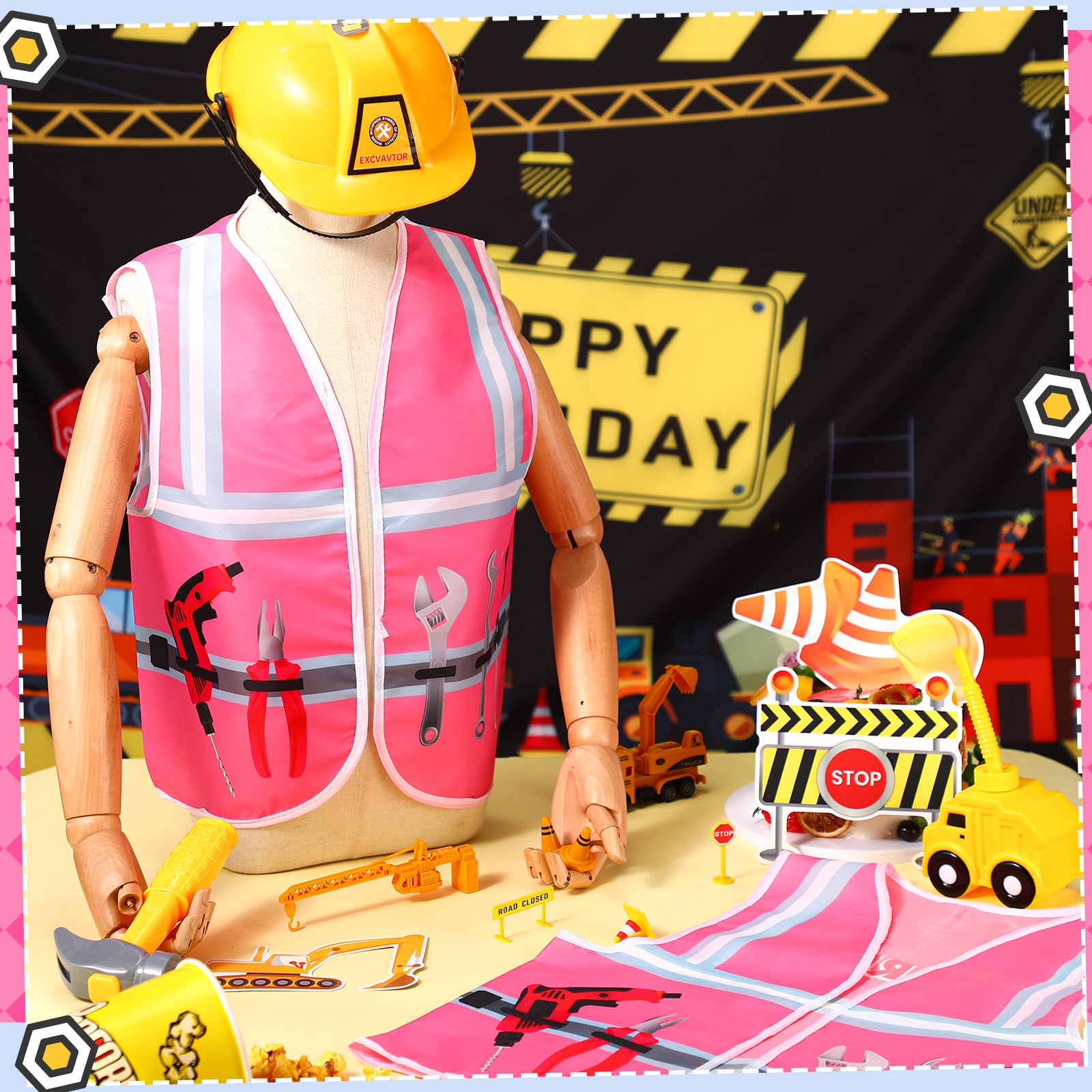 Xtinmee kids construction vest pink front-tools print enhances role-play realism.