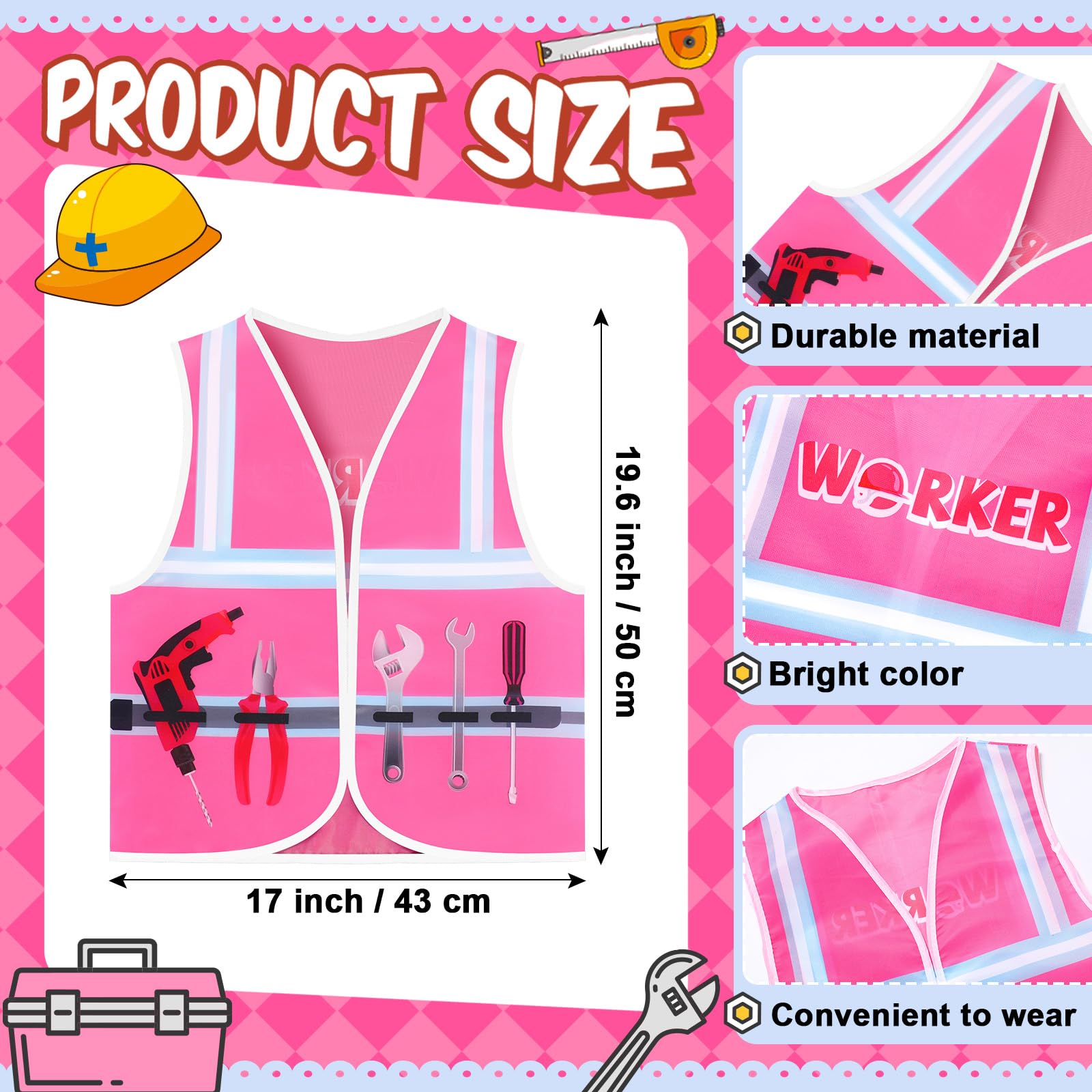 Xtinmee kids construction vest pink front view highlights tool-print and visibility.
