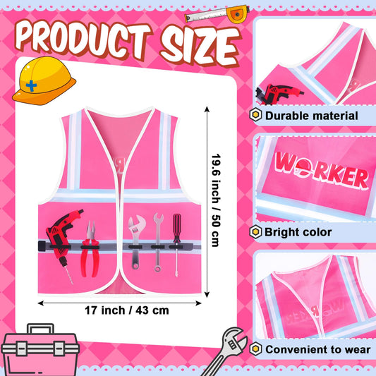 Xtinmee kids construction vest pink front view highlights tool-print and visibility.