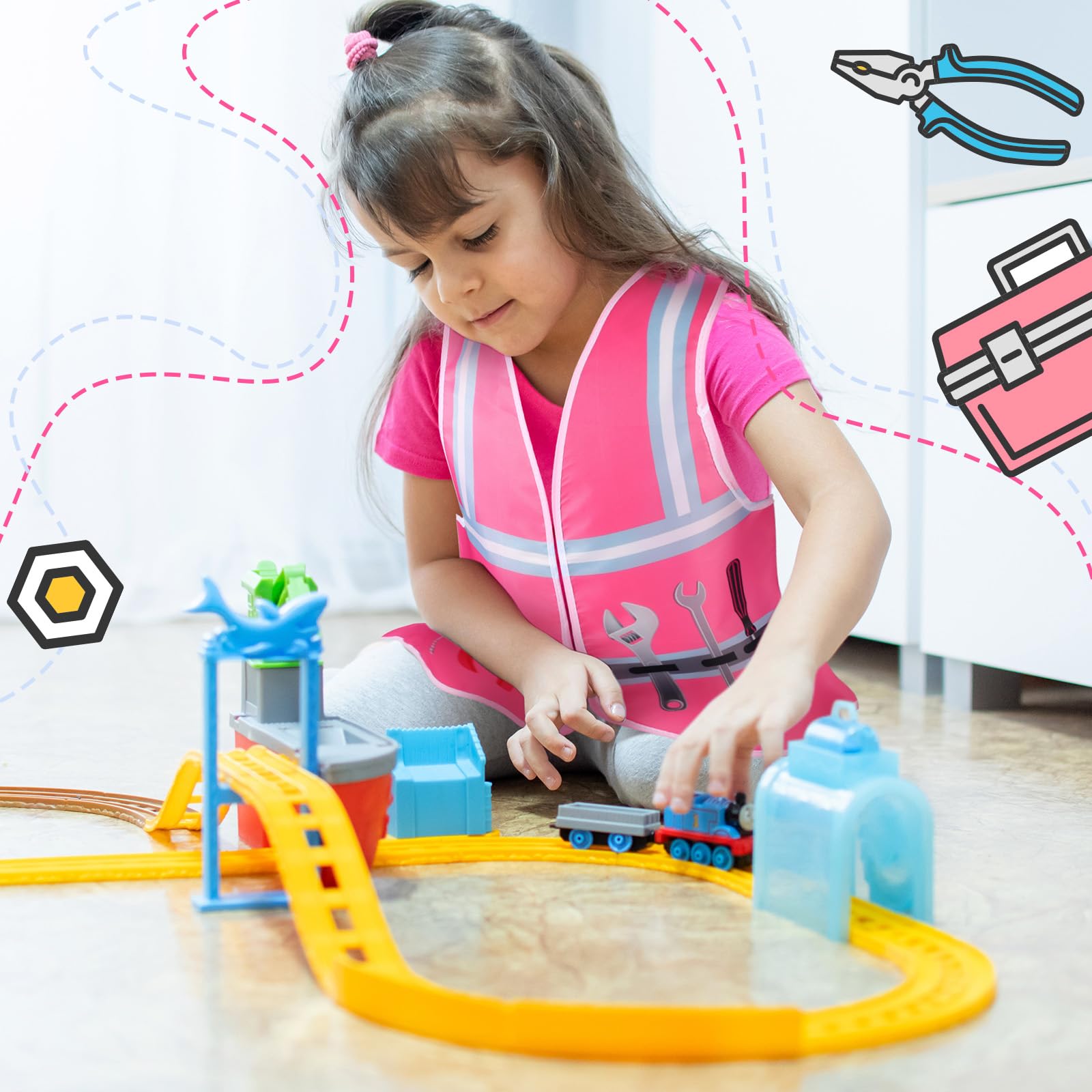 Xtinmee kids construction vest pink material close-up shows easy-clean fabric.