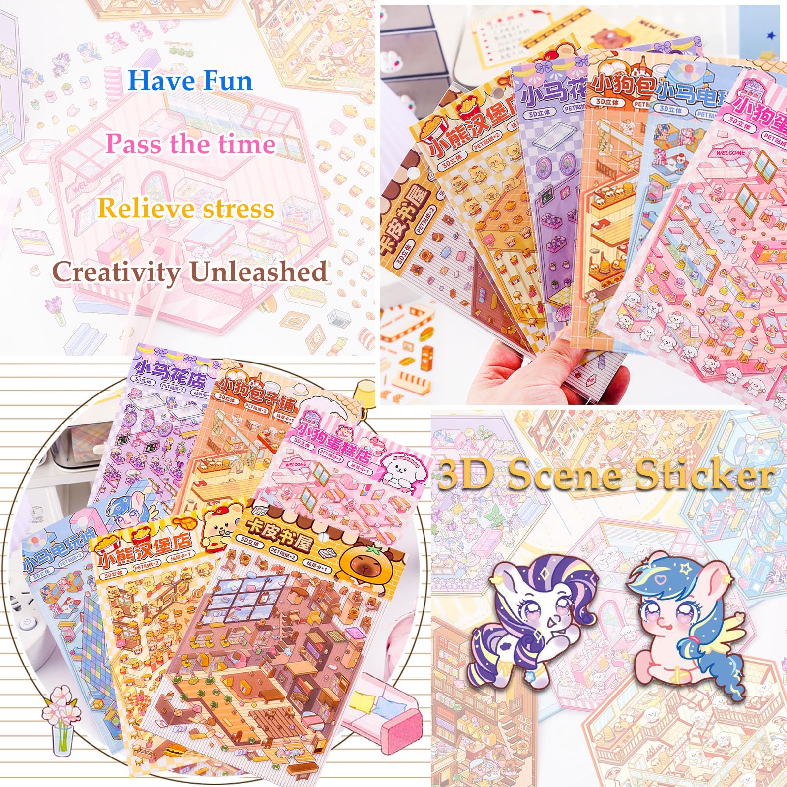 Xuoent 3D house sticker Pony Flower Shop scene invites colorful, tactile play.