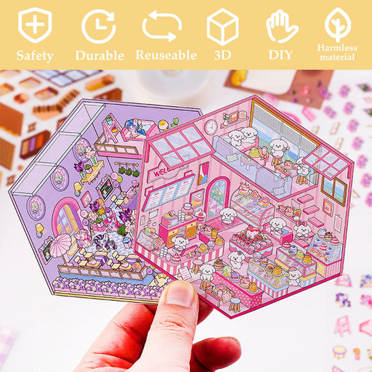 Xuoent 3D house sticker Puppy Cake Shop scene boosts imagination on everyday items.