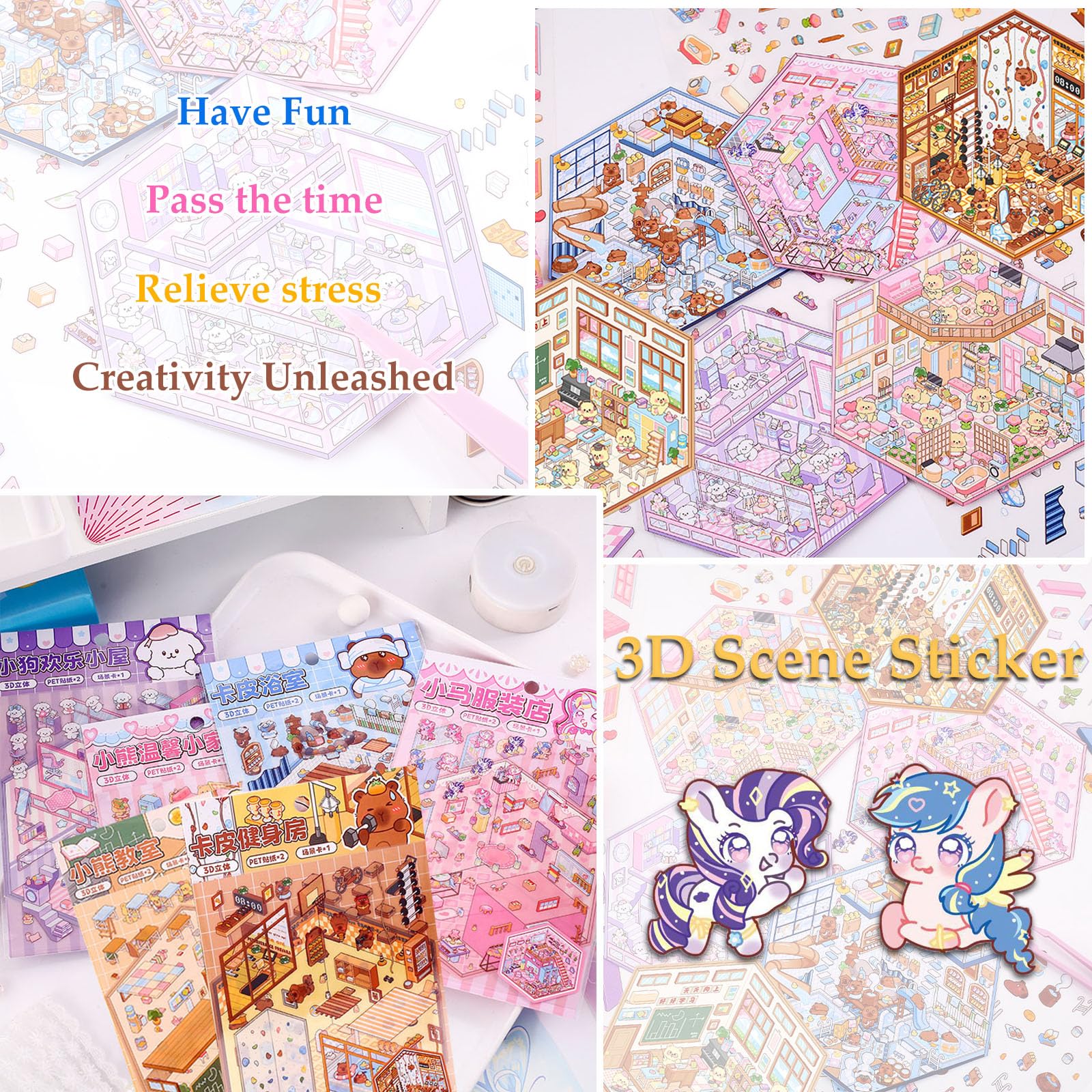 Xuoent pony flower shop 3D sticker scene for bright visuals and creative space decor
