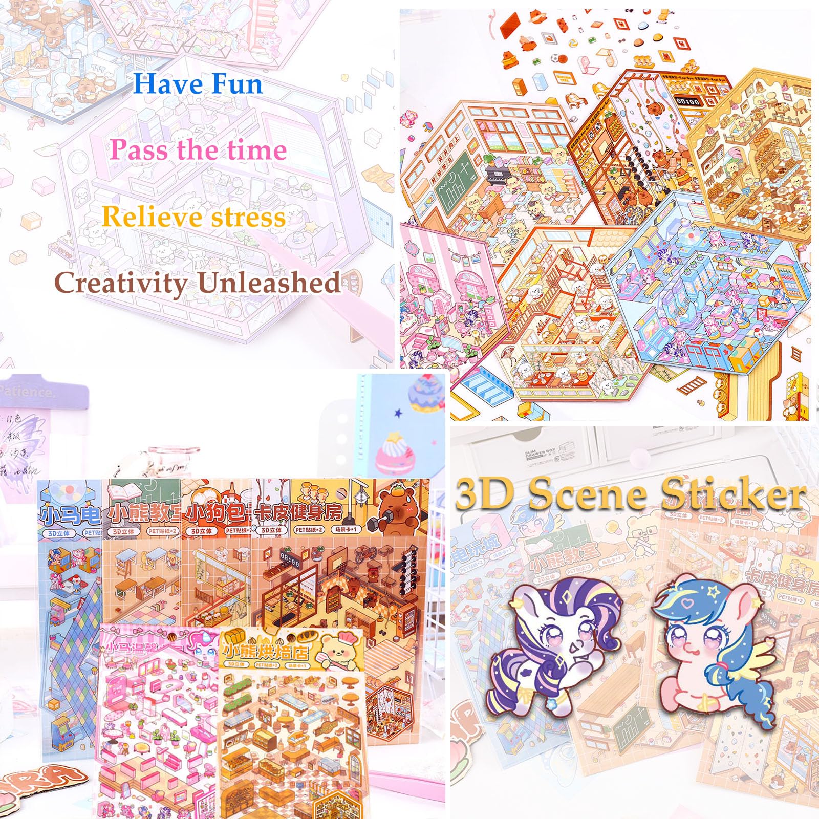 Xuoent Pony Flower Shop scene stickers for imaginative mini worlds